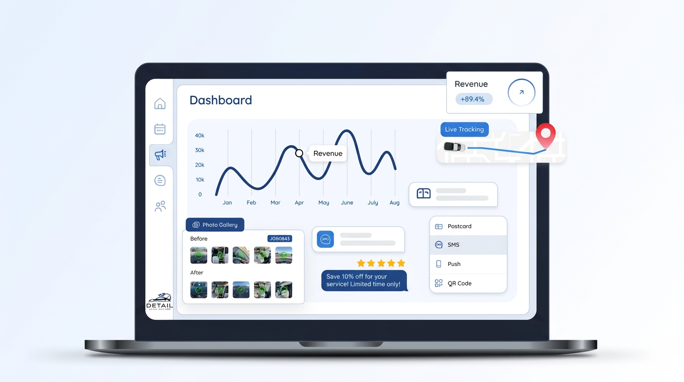 CRM dashboard showing revenue, bookings and reviews