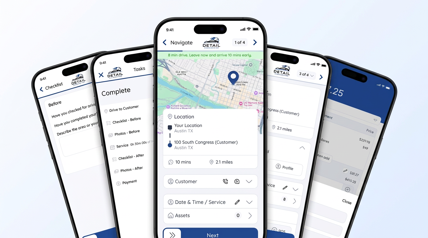 Technician app with route, job checklist and customer details