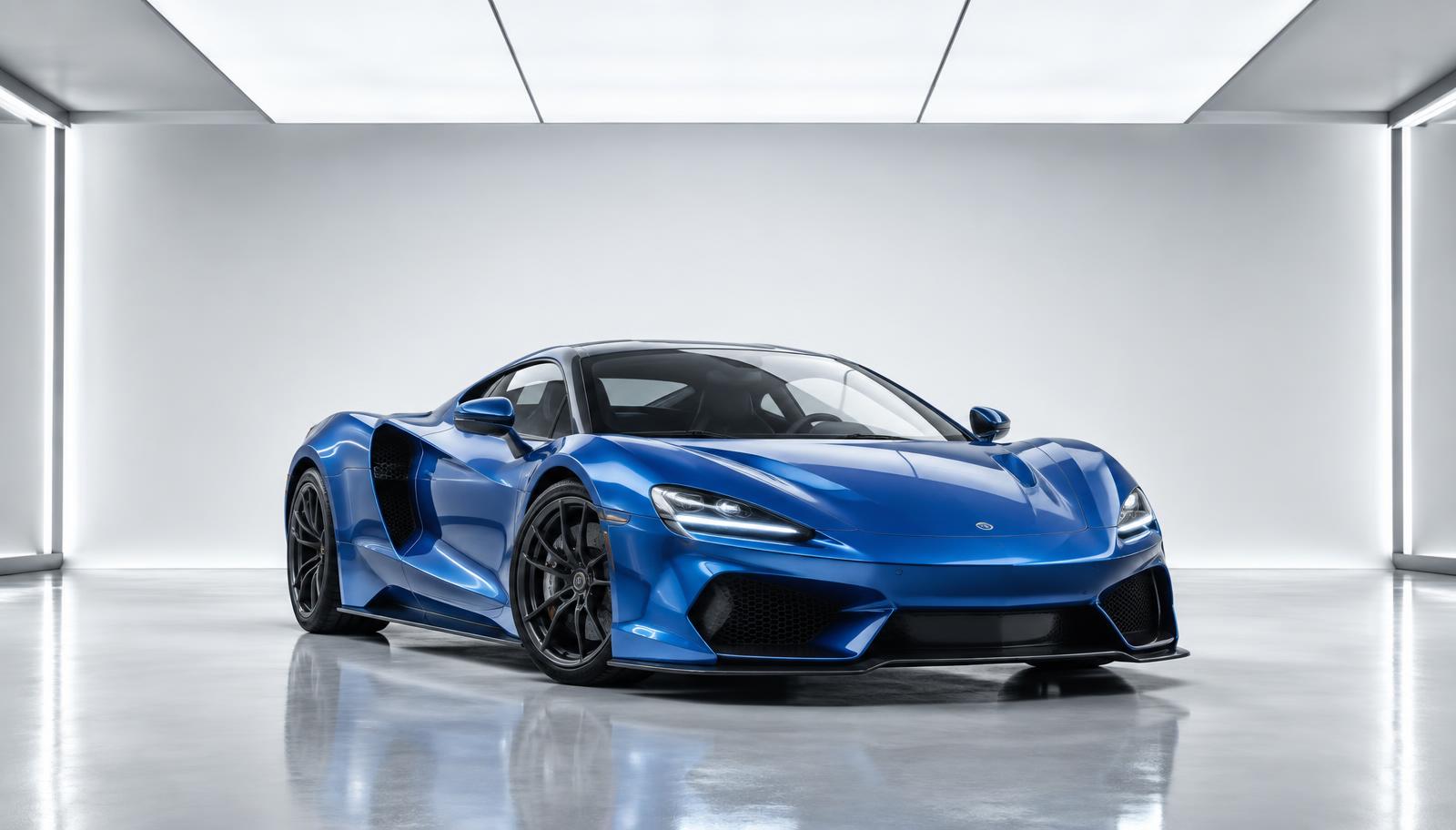 Blue supercar in a pristine automotive detailing studio